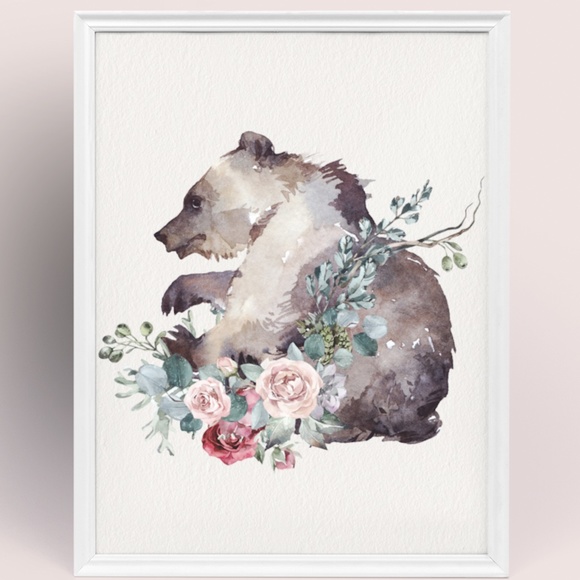 Watercolor Floral Bear Wall Art Print Poster Unframed - Picture 10 of 17